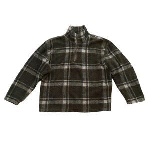 1990s VTG Liz Claiborne Green Plaid Teddy Fleece Half Zip Sweatshirt Size Large